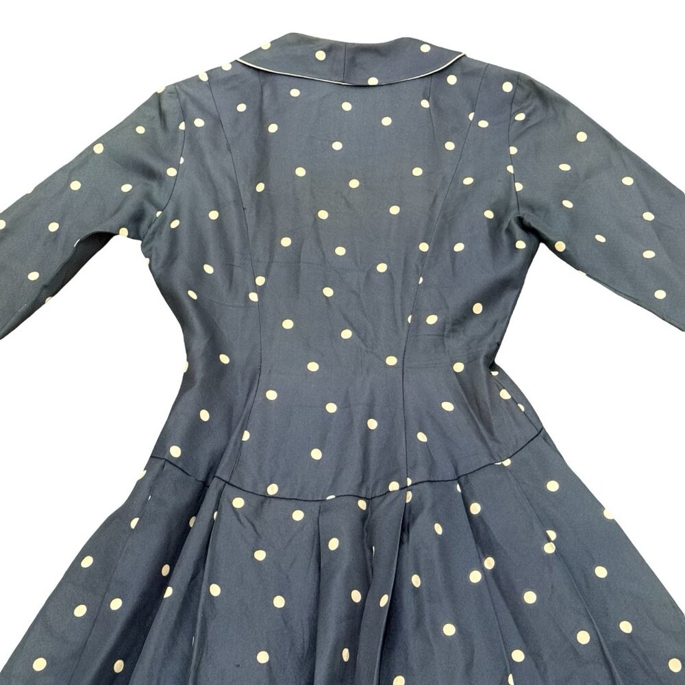 Vintage 1940s 1950s Polka Dot Full Skirt Dress Blue Button Front - Picture 5 of 11